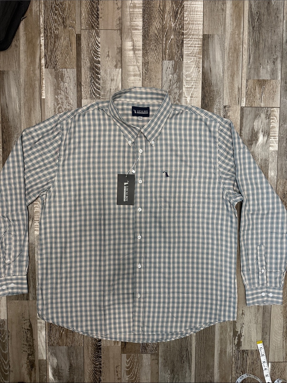 Local boy Men's Faulk Dress Shirt Blue and Cream Plaid Button-Down NWT!